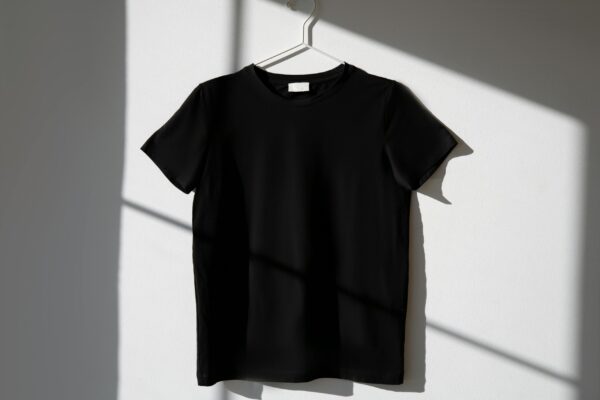 Minimalist image of a black t-shirt on a hanger with dramatic shadows on a white wall.